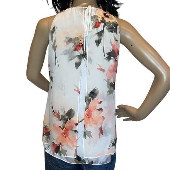 White House Black Market WHBM Floral Crew Neck Tie Back Flowy Blouse Size XS EUC - Picture 5 of 9